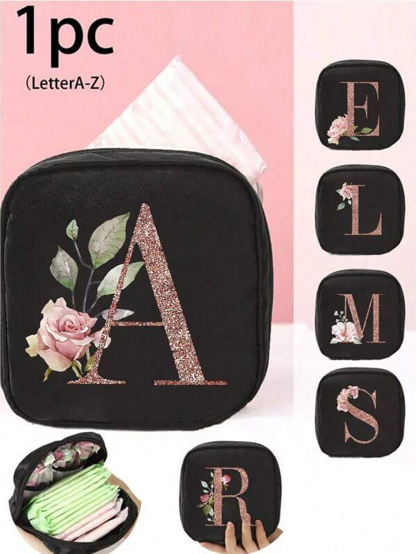 1pc Bloemen Letter Patroon Opbergzak - Zwarte Maandverband Opbergzak Met A-Z Letters, Grote Capaciteit Muntenbeurs, Geldzak Voor Meisjes - Vierkante Cosmetica En Toiletartikelen Opbergzak Is Klein En Draagbaar, Voldoet Aan Dagelijkse Reisopslagbehoeften, Voor Reisliefhebbers Een Geweldig Cadeau Voor Gezinsleden - Perfect Voor Menstruerende Meisjes, Boho Vibes