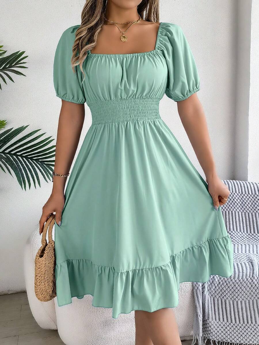 Women's Casual Ditsy Floral Ruched Sleeve Drawstring Waist Short Dress, For Summer Vacation - 薄荷綠 - 查看 1