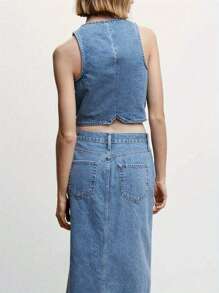 Women Denim Vest, Sleeveless V Neck Button Vest Outwear Gilet With Pockets For Casual Street