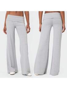 Women's Casual Loose Folding Waist Pants Solid Color/Striped Loose Wide Leg Pants - 灰色 - 查看 7
