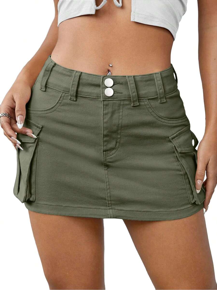 Women Mini Skirt Vintage Low Waist Cargo Skirt Summer Slim Fit Solid Color Skirt With Pockets For Club Party Streetwear