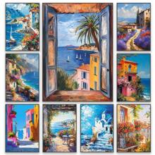 1PC Mediterranean Posters Coastal Balcony View Travel Print Santorini Church Art Print Greek Island Landscape Canvas Painting Wall Arts Decor No Frame Gifts Birthday Graduation