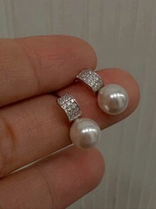 1 对 S925 纯银几何锆石珍珠耳钉，适合女士，简约日常珠宝设计，礼物 - 幾何 - 查看 11
