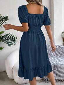 Vestido mini casual de vacaciones de primavera/verano para mujer con mangas abullonadas, cordón y estampado floral diminuto