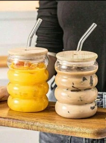 1 Clear Glass With Glass Straw With Lid, Caterpillar Handle, Simple Creative Americano Mug For Breakfast
