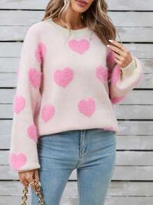 Women Cute Sweaters Casual Warm Heart Print Long Sleeve Basic Knit Pullover Tops Valentines Day Outfit Casual Crewneck Sweatshirts Clothes Fall Spring Streetwear - 白色 - 查看 4