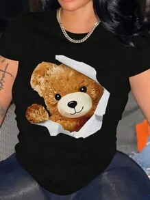 Women Bear T-Shirt Cotton Breathable Soft Lightweight Crew Neck Short Sleeve - 黑色 - 查看 1