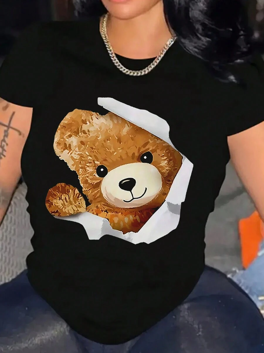 Women Bear T-Shirt Cotton Breathable Soft Lightweight Crew Neck Short Sleeve - 黑色 - 查看 1