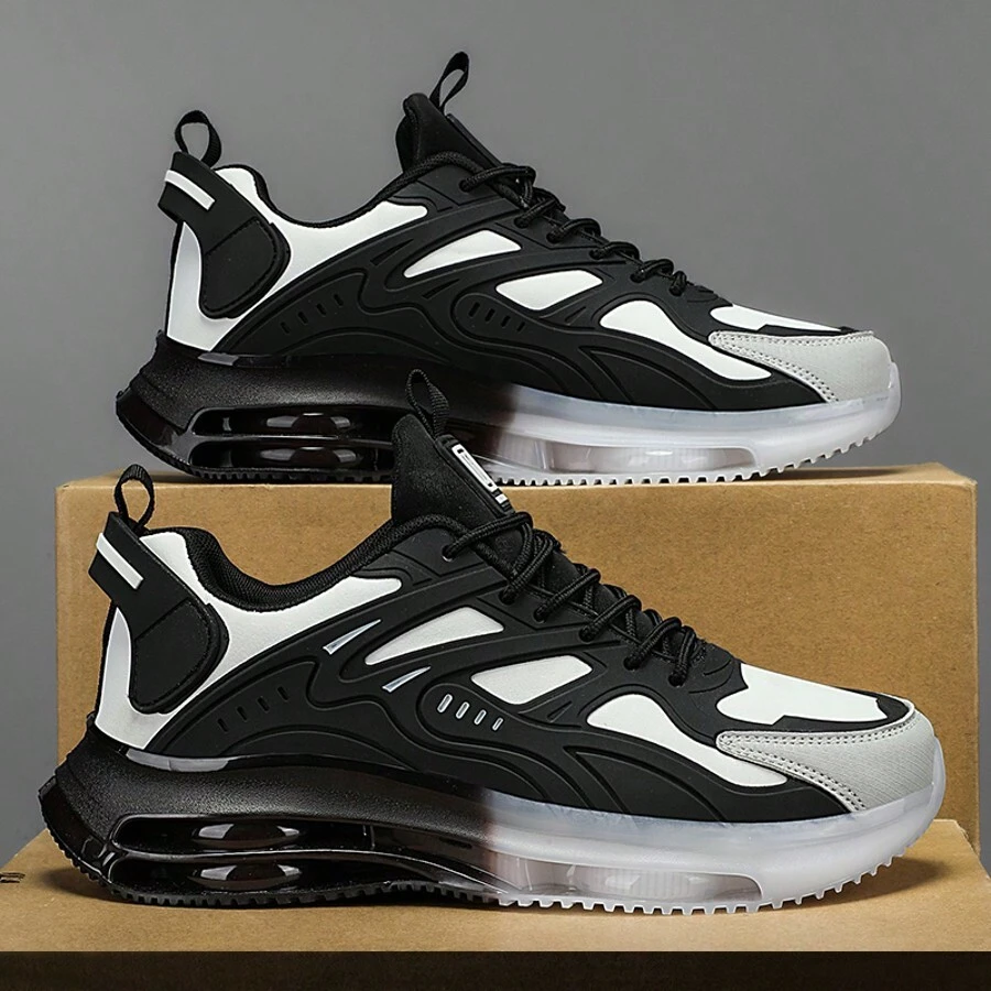 New Men's Fashion Solid Street Style Sneakers, Anti-Slip Durable Comfortable Breathable Sporty Lace Up Skateboard Shoes, Four Seasons, Suitable For Outdoor Activities - 黑與白 - 查看 1