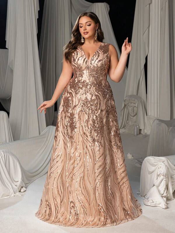 Plus Size Elegant Sleeveless V-Neck Evening Gown With Intricate Embroidery Sequin - Luxurious Formal Wear For Weddings, Red Carpet Events & Gala Dinners, Party Dress, Wedding Guest Dress, Evening Dress