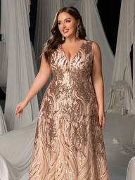 Plus Size Elegant Sleeveless V-Neck Evening Gown, Adorned With Intricate Embroidery And Sequins - Luxurious Formal Dress Suitable For Weddings, Red Carpet Events, Galas, Parties, Wedding Guests And More