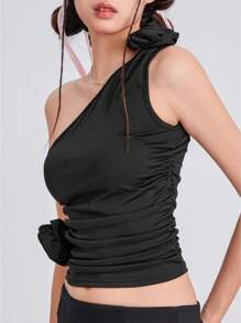 Women Solid Color Tank Tops Summer One Shoulder Sleeveless 3D Rosette Ruched Tops