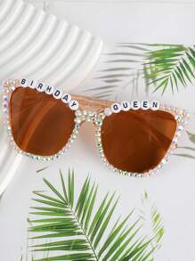 独特的水钻和珍珠装饰字母印花时尚眼镜，适合海滩、生日派对、音乐节和日常穿着 - 彩色 - 查看 9