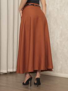 Long Tailored Skirt With Belt Fashion Elegance - màu nâu - Xem 3