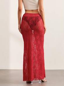 Women Lace Long Skirt High Waist Vintage A-Line Midi Skirt Y2K Summer Elegant Beach Party Maxi Skirts - 紅色 - 查看 8