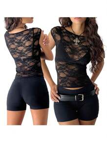 Women's Sheer Lace Tops Summer Cap Sleeve Scoop Neck Solid Color T-Shirts Blouses