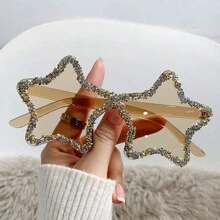 1 Pc Y2K Vintage Style Dopamine Fashion Glasses With Stars Design, Handmade Rhinestone Decoration, Frameless, Unique And Fashionable, Ideal For Wedding, Beach Party, Dance Party And Outdoor Activities Shades Beach Accessories Halloween Beach Accessories For Women Glasses Shades Basics Fall Winter Women Outfits Clothes Business Casual Gifts