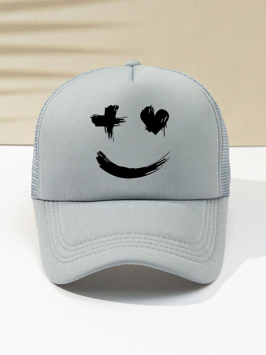 1 款男女通用可调节网眼棒球帽，带趣味脸部印花，休闲户外卡车司机帽 - 淺灰色 - 查看 1