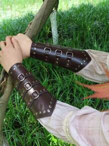 2PCS Medieval Vintage PU Leather Bracers For Men And Women, Rivet Metal Ring Decor Arm Guards Pair, Viking Renaissance Pirate LARP Role Play Wristbands, Halloween Cosplay Costume Accessories - A - View 8