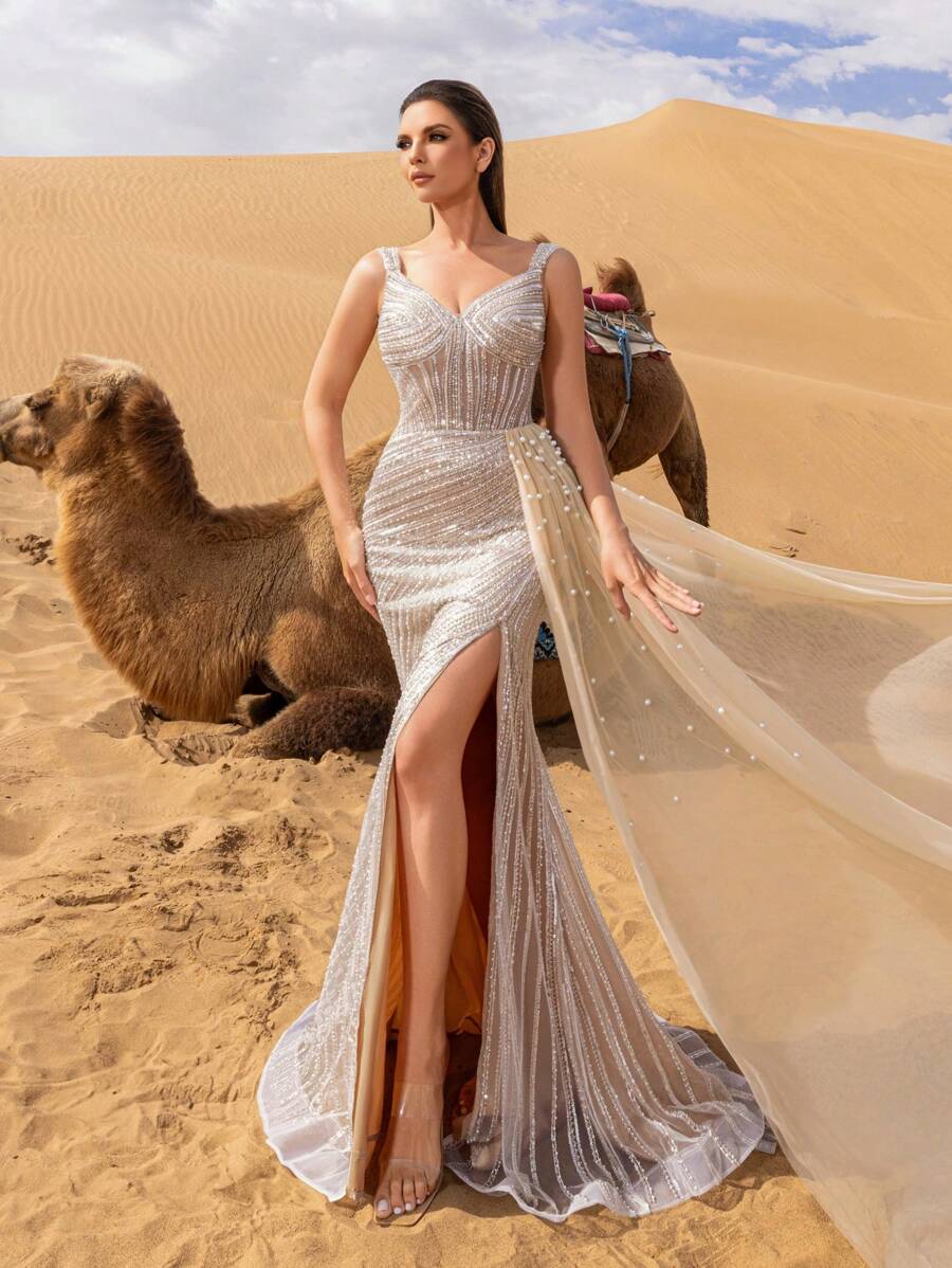 Faeriesty Hochelegantes Abendkleid für Damen im Glamour-Stil mit zarten dünnen Trägern, dramatischem hohem Schlitz, schmeichelhafter Meerjungfrauensilhouette und eleganten Tüll-Einsätzen für rote Teppich-Events, schwarze Gala-Veranstaltungen, Hochzeitsfeiern, Preisverleihungen und luxuriöse Modeschauen.