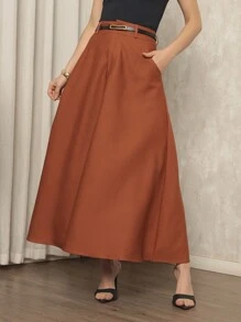 Long Tailored Skirt With Belt Fashion Elegance - màu nâu - Xem 4