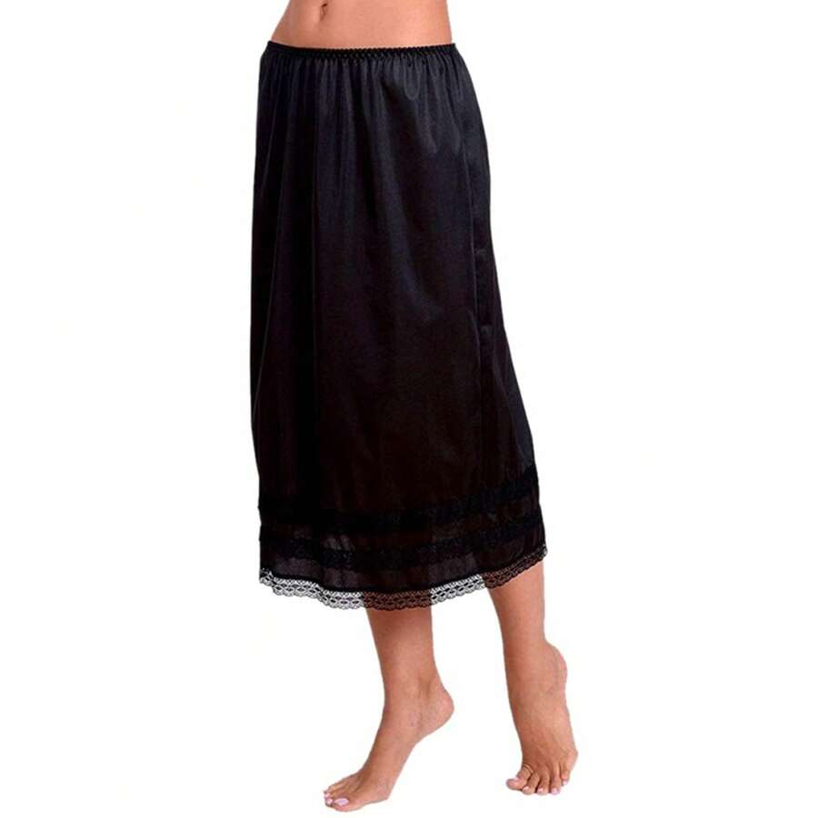 Plus Size Women Solid Color Half Slips Skirt Elastic Waist Lace Trim Long Underskirt For Under Dresses L-3XL - màu đen - Xem 1