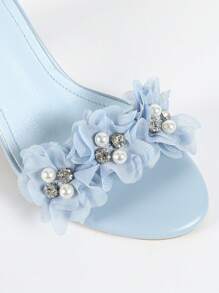 7.3 厘米女士高跟凉鞋，露趾，圆头，法式花卉装饰，配以人造珍珠和小水钻，优雅时尚百搭鞋 - 藍色 - 查看 8