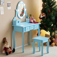 Kids Girls Vanity Table Set Makeup Dressing Table Stool Mirror With 3 Drawers
