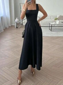 ZANZEA Women Sexy Sleeveless Strappy High Waist A-Line Sundress Dresses Holiday Party Swing Midi Dress - 黑色 - 查看 5