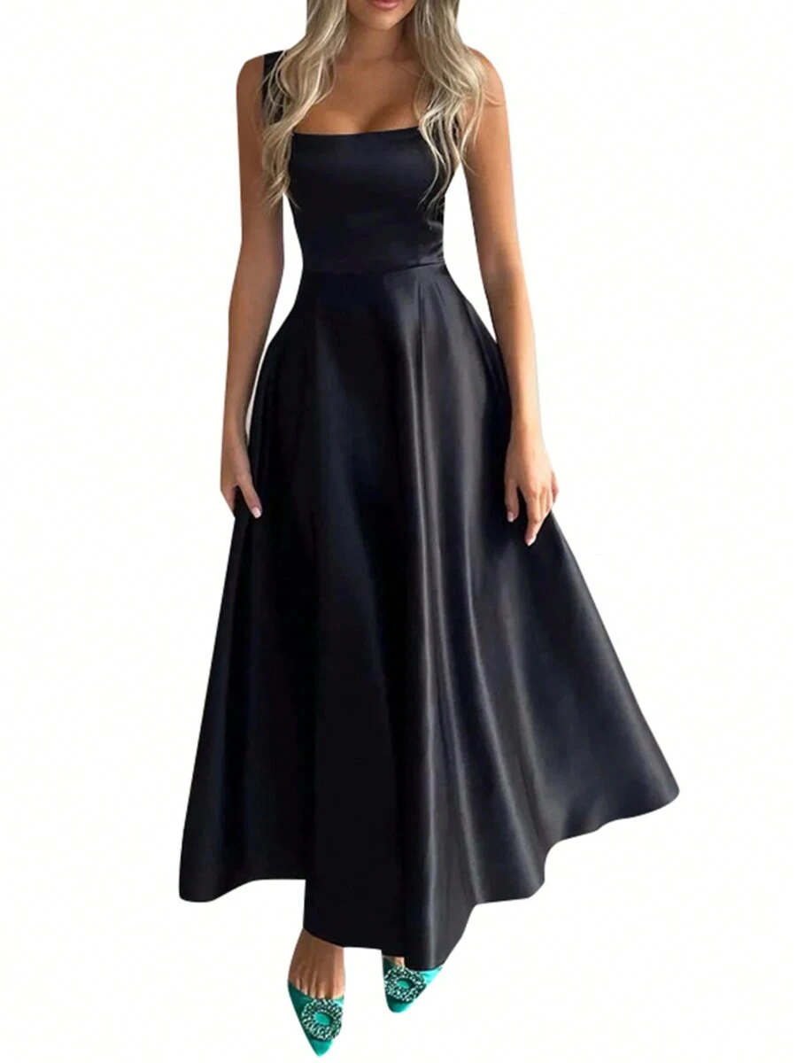 ZANZEA Women Sexy Sleeveless Strappy High Waist A-Line Sundress Dresses Holiday Party Swing Midi Dress - 黑色 - 查看 1
