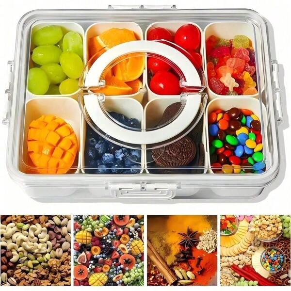 Divided Serving Tray With Lid Snack Box Container With Lid And Handle Divided Snack Box For Portable Snack Trays, Perfect For Candy, Fruit, And Treats