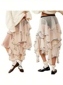 Women Sheer Tulle Skirt Casual Summer Irregular Layered Ruffled Elastic Skirt For Beach Vacation Club Streetwear - 白色 - 查看 2