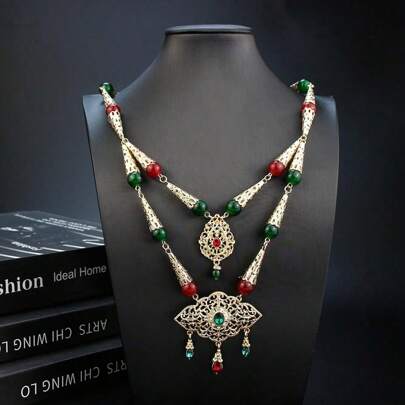 1 Styck Guldfärg Arabiskt pärlhalsband för kvinnor Dubbellagerskedja Natursten Brud Bröllopssmycken