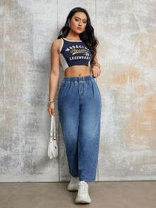 Women's Casual Loose Stretchy Waist Flexible Straight Leg Jeans, Spring & Summer Clothing