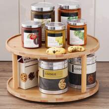 1Pc 2 Tier Slouchy Susan Organizer, Bamboo Rotating Spice Rack, Spice Holder For Inside Cabinet, Pantry, Kitchen, Countertop