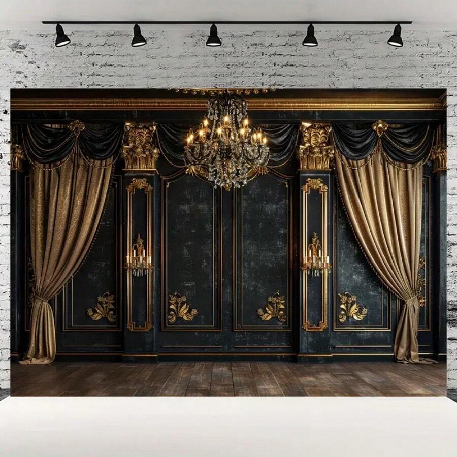 Elegante luz colgante dorada con fondo de pared de piedra - Telón de fondo de fotografía multifuncional de fibra de poliéster, adecuado para bodas, despedidas de soltera y fiestas - Decoración interior/exterior