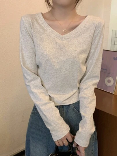 V-Neck Design Solid Color Long Sleeve Base Layer T-Shirt For Women, Versatile, Autumn/Winter