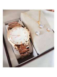 Kit Relógio Feminino Dourado Prata + Colar Brinco Folheado