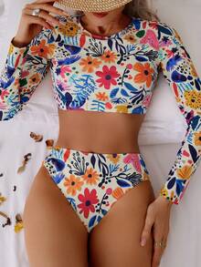 New Cross-Border Crew Neck Long Sleeve Printed Tankini Swimwear - Beige - View 3