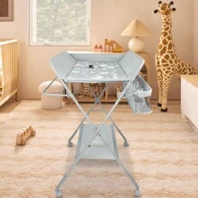 Cambiador con patrón de nubes, adecuado para bebés de 0 a 12 meses, altura ajustable, 4 modos 95-101 cm, portátil y móvil, 4 ruedas universales, canasta de almacenamiento de 70x15x16 cm, cinturón y caja de almacenamiento, plegable para ahorrar espacio, gris/negro/ opciones de color azul marino disponibles