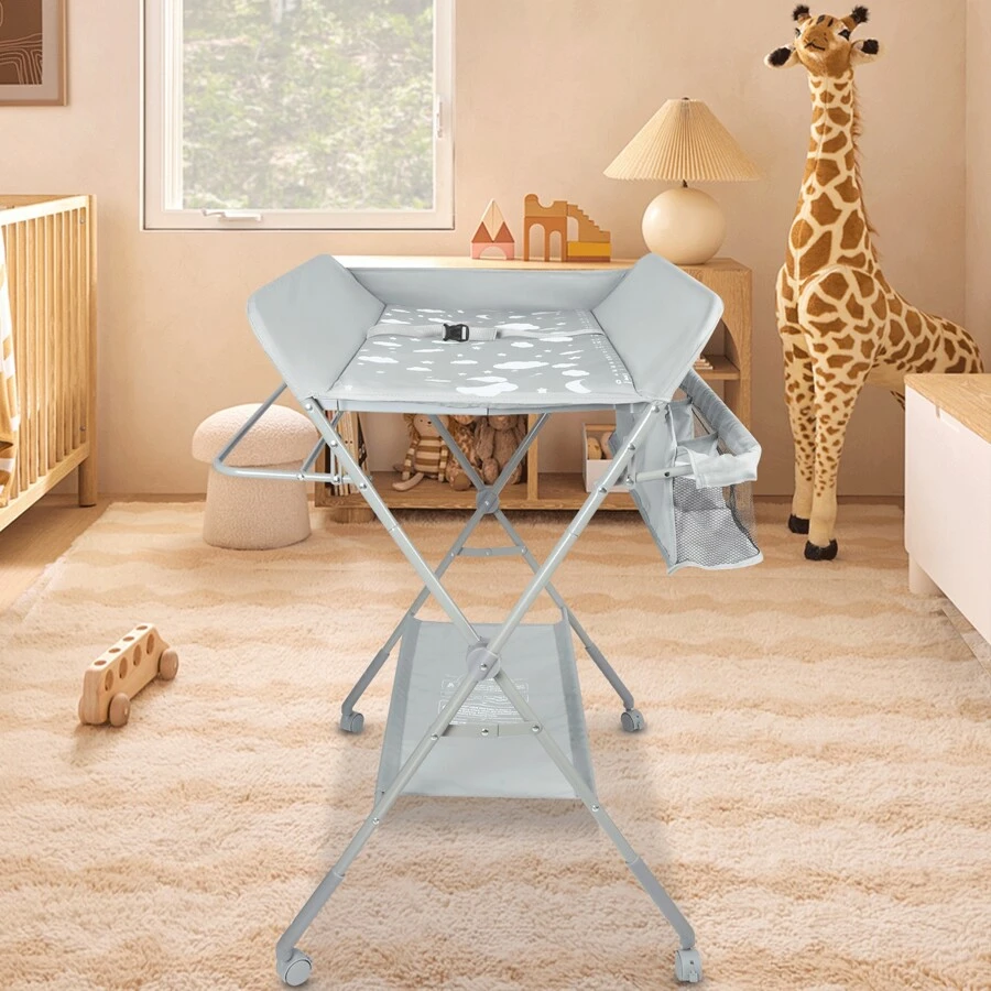 Cambiador con patrón de nubes, adecuado para bebés de 0 a 12 meses, altura ajustable, 4 modos 95-101 cm, portátil y móvil, 4 ruedas universales, canasta de almacenamiento de 70x15x16 cm, cinturón y caja de almacenamiento, plegable para ahorrar espacio, gris/negro/ opciones de color azul marino disponibles