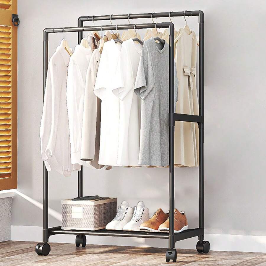 Living And Home Double Rod Metal Clothes Rack On Wheels - Black 57.5cm W X 30cm D X 115cm H - View 1