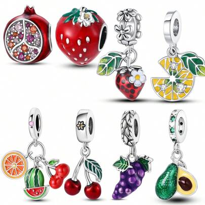1 peça esmalte colorido prateado frutas comida cereja morango romã uva abacate pingente adequado para pulseira de cobra colar pingente banhado a prata contas para fazer joias faça você mesmo uso diário presente para menina
