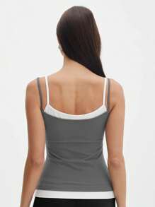 Women Double Spaghetti Strap Camisoles Fake Two-Pieces Sleeveless Backless Tank Tops Summer Vests Tops Streetwear - Dark Grey - View 5