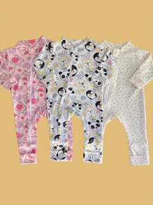 Baby Romper 3 Piece Kit Assorted Print - Zipper And Foot Turn Boy - Girl - Baby Pink - View 2