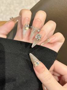 YADORNOS 10 件冰透明渐变细闪光猫眼小钻石法式手工亚克力按压指甲，长细高跟尖头假指甲，星形钻石法式指甲贴，情人节指甲，婚纱新娘指甲，DIY 指甲用品，含果冻胶和指甲锉 - 香檳色 - 查看 3