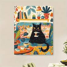 1pc Unframed Wall Art Poster, Cat Drinking Coffee Artwork, Casual Black Cat Home Decor Painting For Living Room, Bedroom, Corridor, Dorm