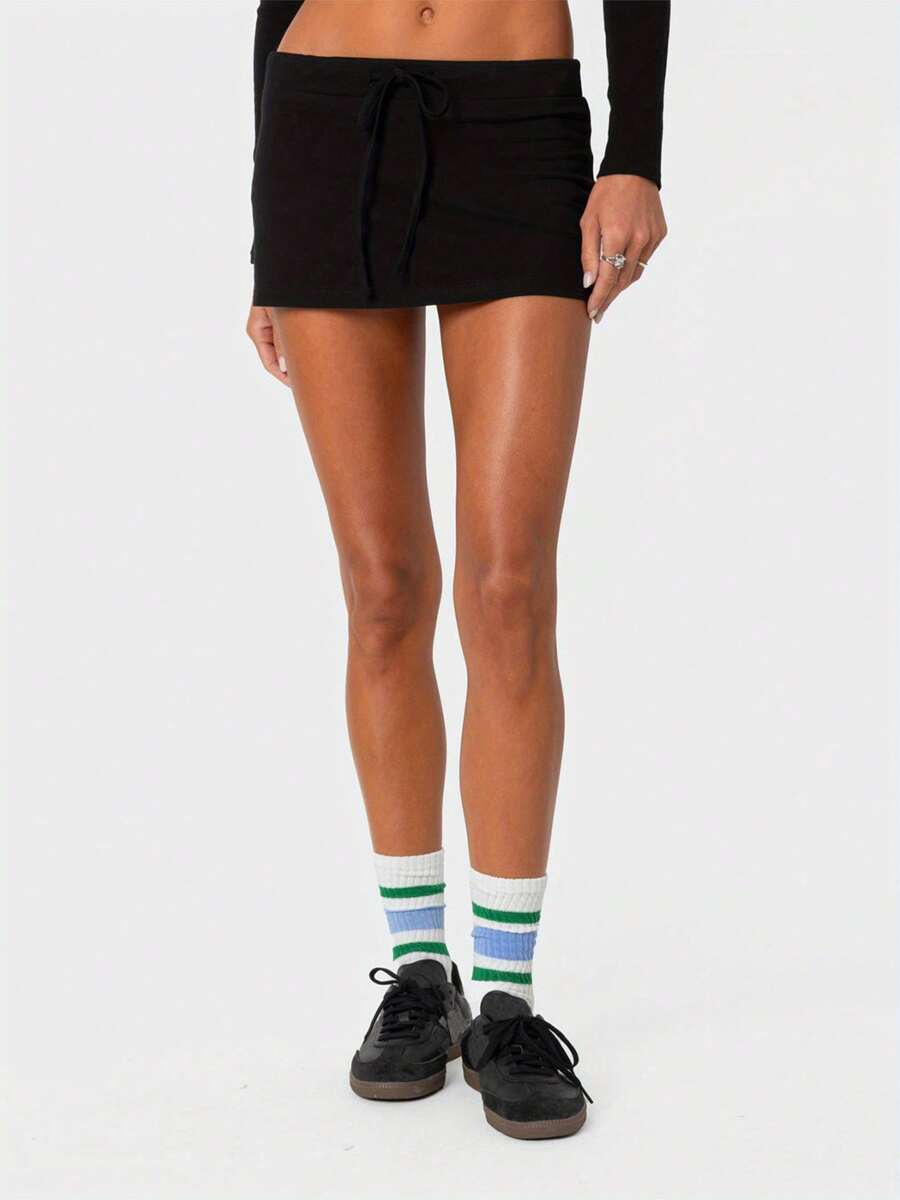 Women Y2k Mini Skirt With Shorts Preppy Low Rise Skirt Solid Color Drawstring Elastic Waist Sweat Skirt Athletic Skorts Bodycon Micro Skorts Stretchy Side Slit Pencil Short Skirts Summer Casual Streetwear Aesthetic Clothes Clubwear - màu đen - Xem 1