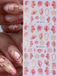 2 Stücke rosa Blütenblatt 3D Nagelaufkleber, elegante Blume mit Goldkante Geometrisches Design Nagel Kunst Abziehbilder für Acrylnägel DIY Frühling Selbstklebende Maniküre Deko Zubehör