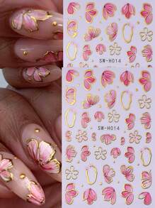 2 PCS Pink Flower Petal 3D Nail Stickers Elegant Flower Gold Edge Line Geometry Designs Nail Art Decals For Acrylic Nails DIY Spring Self-Adhesive Manicure Decoration Supplies